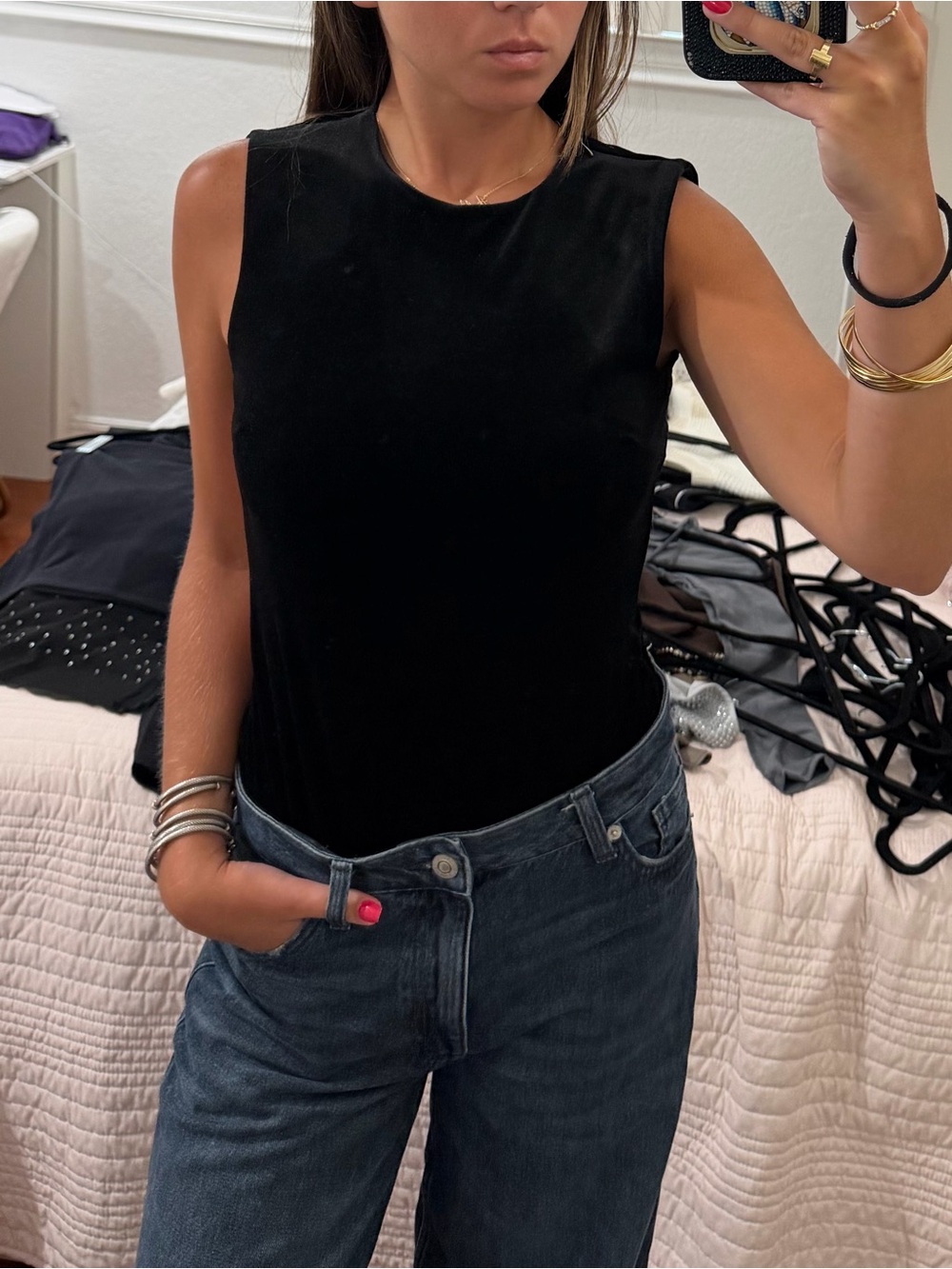 Zara Black Velvet Sleeveless Crewneck Tank